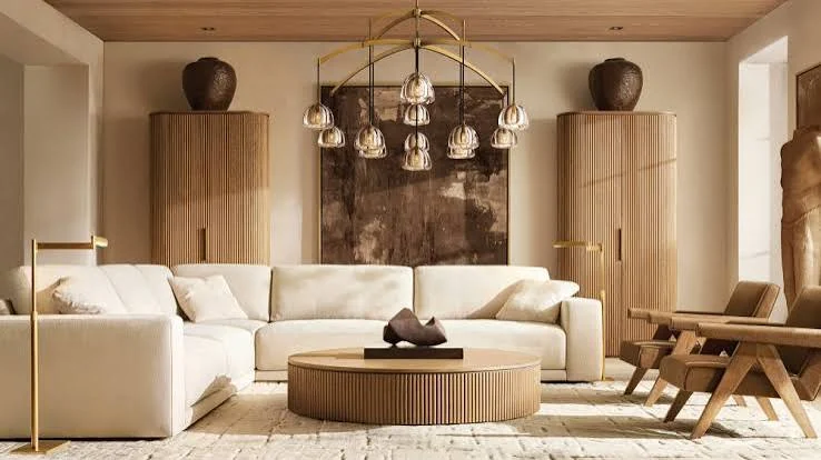 Brass chandelier and brass table base in a living room.