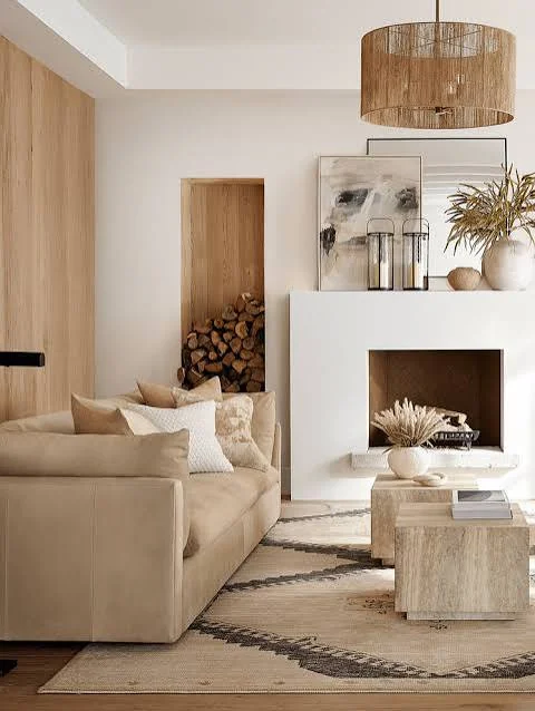 Warm, minimal living room with a taupe sofa facing a fireplace.
